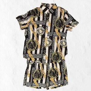 Daupanzees Shirt and Shorts Set Mens XL Black Gold Baroque Stripe NWT